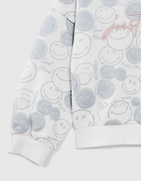 Girls’ White Hoodie with Silver All-Over SmileyWorld Print - Image 3