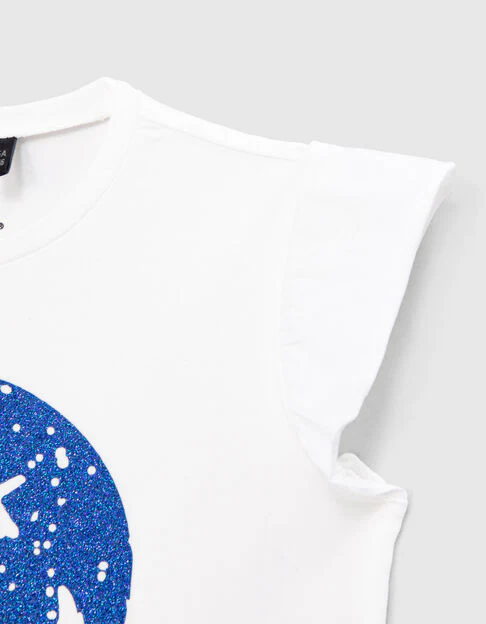 Girls’ White T-Shirt with Glittery Blue SmileyWorld Print - Image 5
