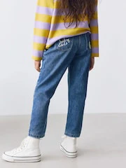 Mid Blue Mom Fit Floral Embroidered Straight Leg Jeans - Image 3