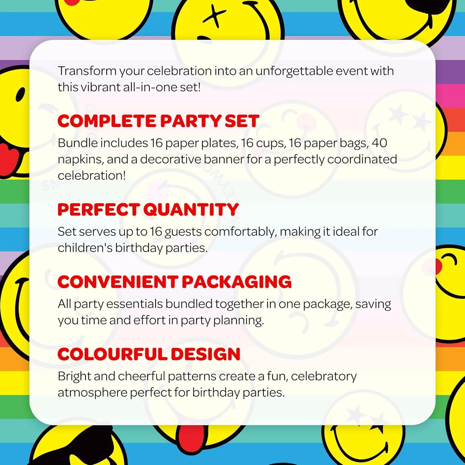 UK Greetings | Party Assortment Bundle | 16 Paper Plates & Cups, 16 Paper Bags, 40 Napkins, 1 Banner | Smiley World Design - Image 6